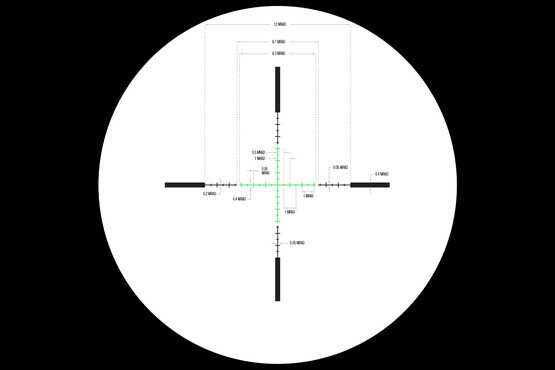 Subtensions and measurements for the Trijicon Credo 1-4x rifle scope's green illuminated MRAD ranging reticle.